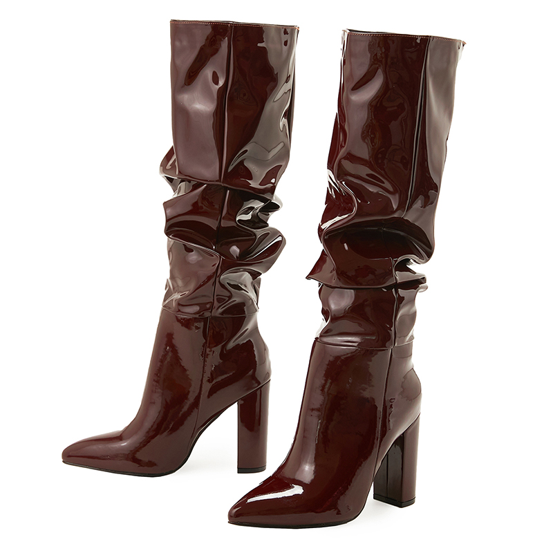 2023 New Patent Leather Mid-Calf Boots Side Zipper Natural Wrinkle Pointed Toe Chunky Heel Fashion Women Boots - Image 4