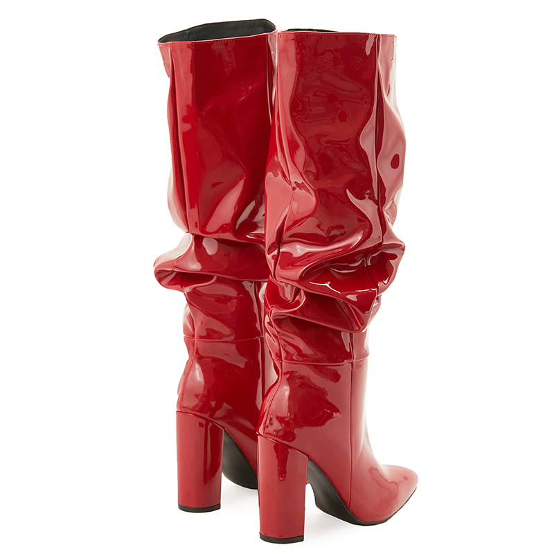 2023 New Patent Leather Mid-Calf Boots Side Zipper Natural Wrinkle Pointed Toe Chunky Heel Fashion Women Boots - Image 5