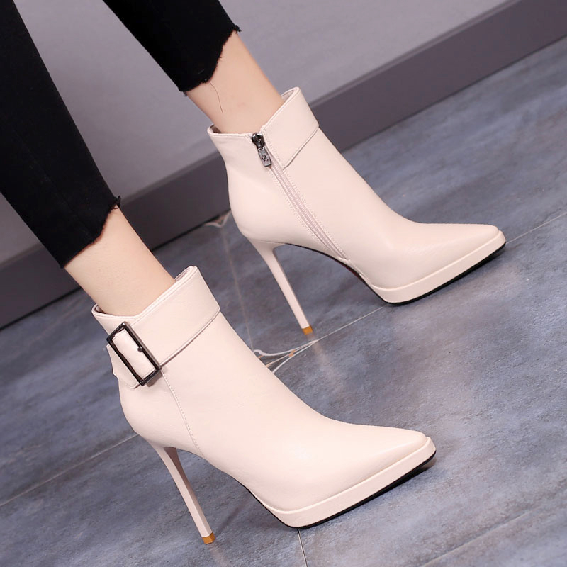 Pointed Toe High Heel Ankle Boots 2023 New Winter Style Thin Heel Faux Fur Lined Martin Boots Thick Sole Short Boots