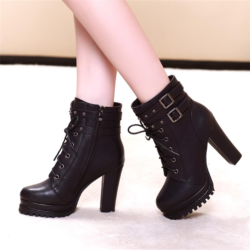 Rivet Ankle Boots Women 2023 New Chunky Heel Thick Sole Lace Up Martin Boots Trendy Cotton Lined - Image 3