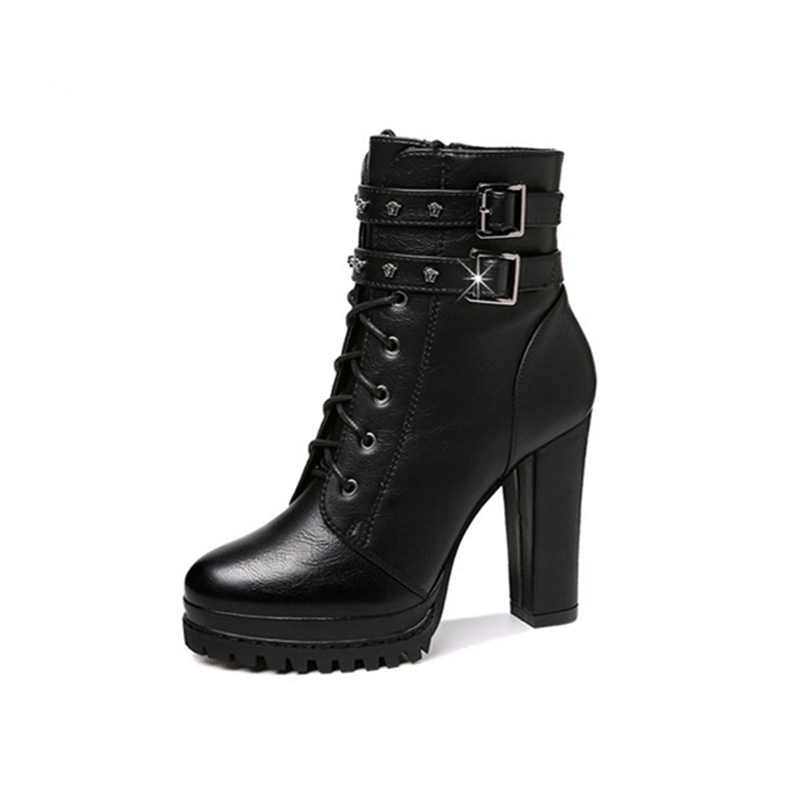 Rivet Ankle Boots Women 2023 New Chunky Heel Thick Sole Lace Up Martin Boots Trendy Cotton Lined - Image 5