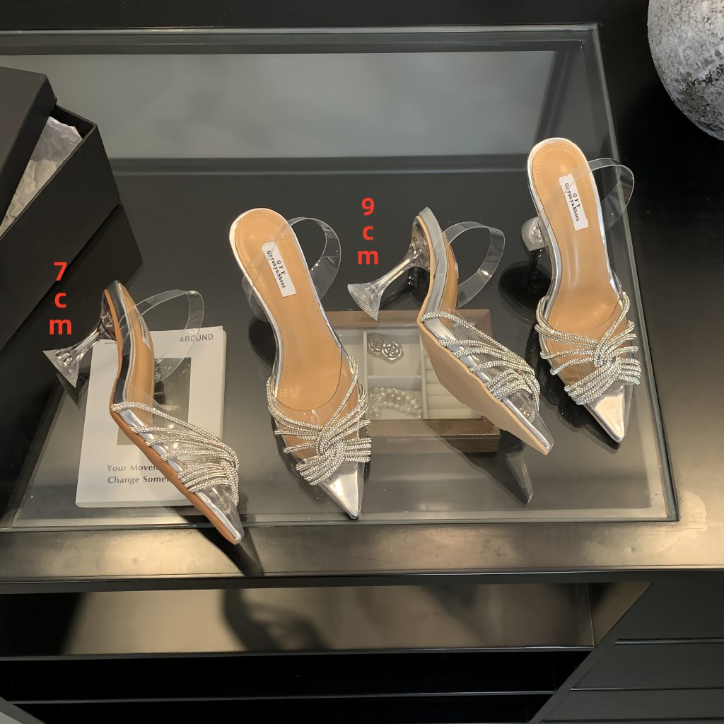 2024 Crystal Rhinestone Pointed Toe Slingback Sandals Transparent Fairy Style High Heel Celebrity Chic 35-40