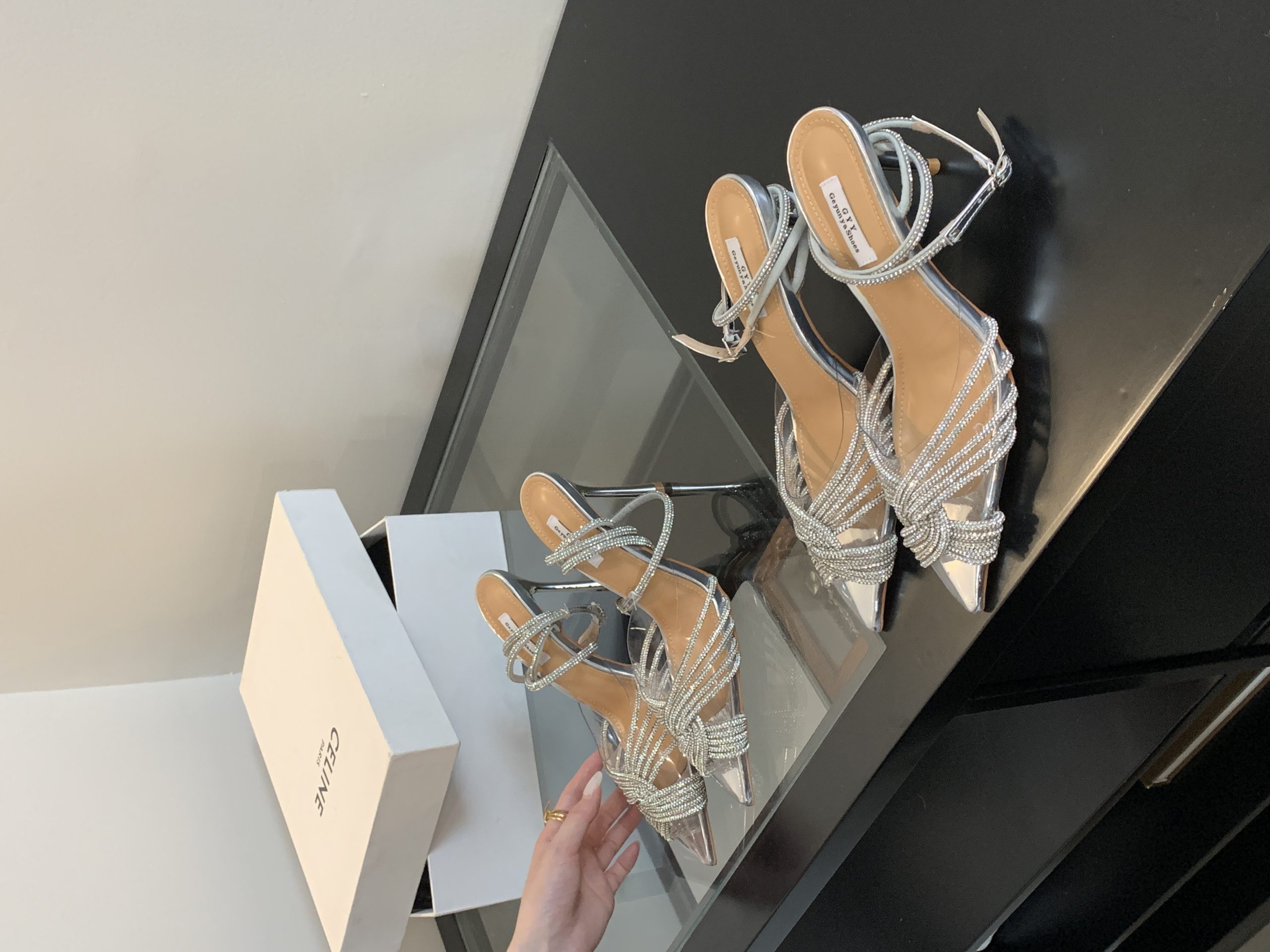2024 New Pointed Toe Cross Rhinestone High Heels Sweet Transparent Banquet Fairy Shoes 35-40